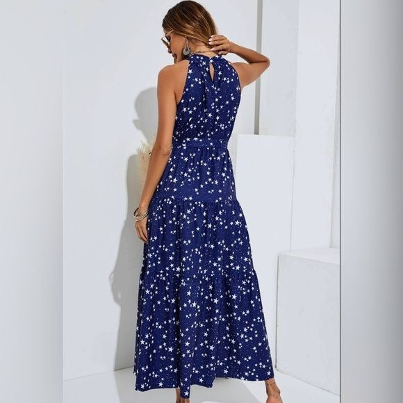 Women's FS Collection Night Sky Halter Neck Maxi Layer Dress In Navy & White Little Stars - Miss Dressy 