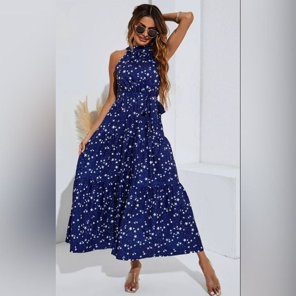 Women's FS Collection Night Sky Halter Neck Maxi Layer Dress In Navy & White Little Stars - Miss Dressy 