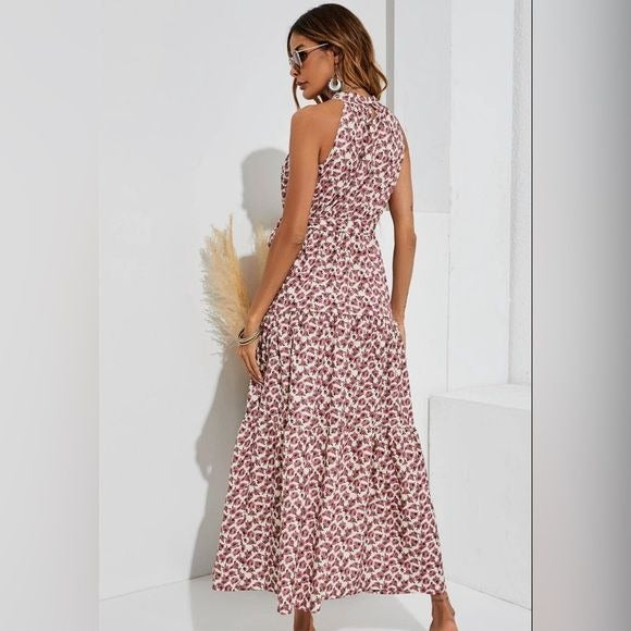 Women's FS Collection Halter Neck Rose Garden Maxi Layer Dress in Pink Floral Print - Miss Dressy 