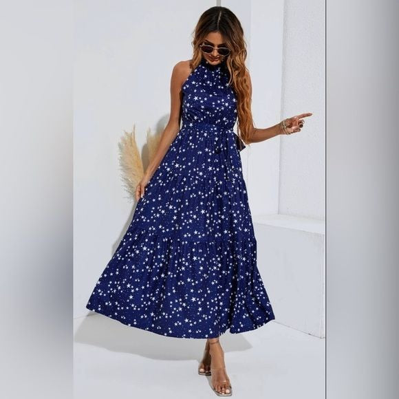 Women's FS Collection Night Sky Halter Neck Maxi Layer Dress In Navy & White Little Stars - Miss Dressy 