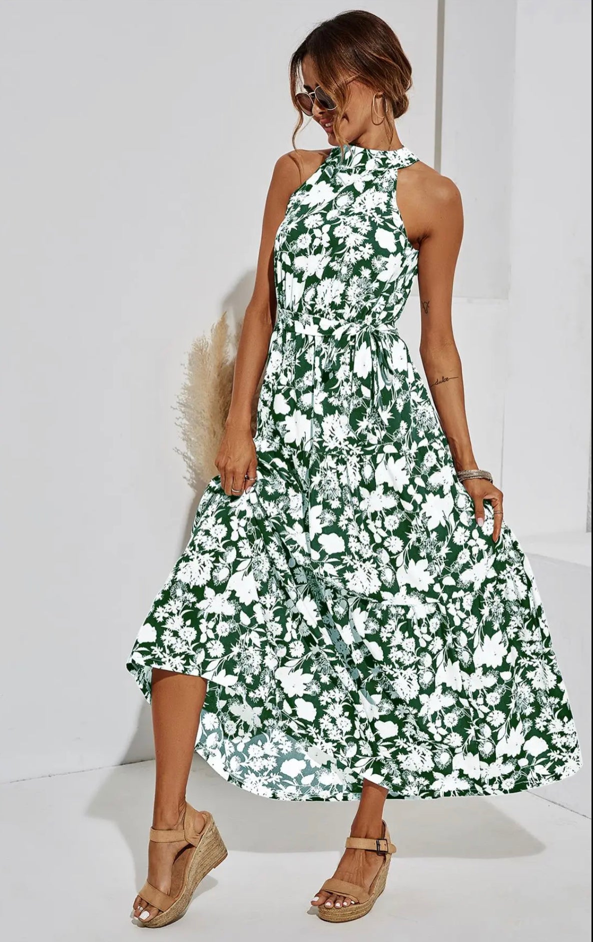 Women's FS Collection Halter Neck Maxi Layer Dress in Green with White Floral with Print - Miss Dressy 