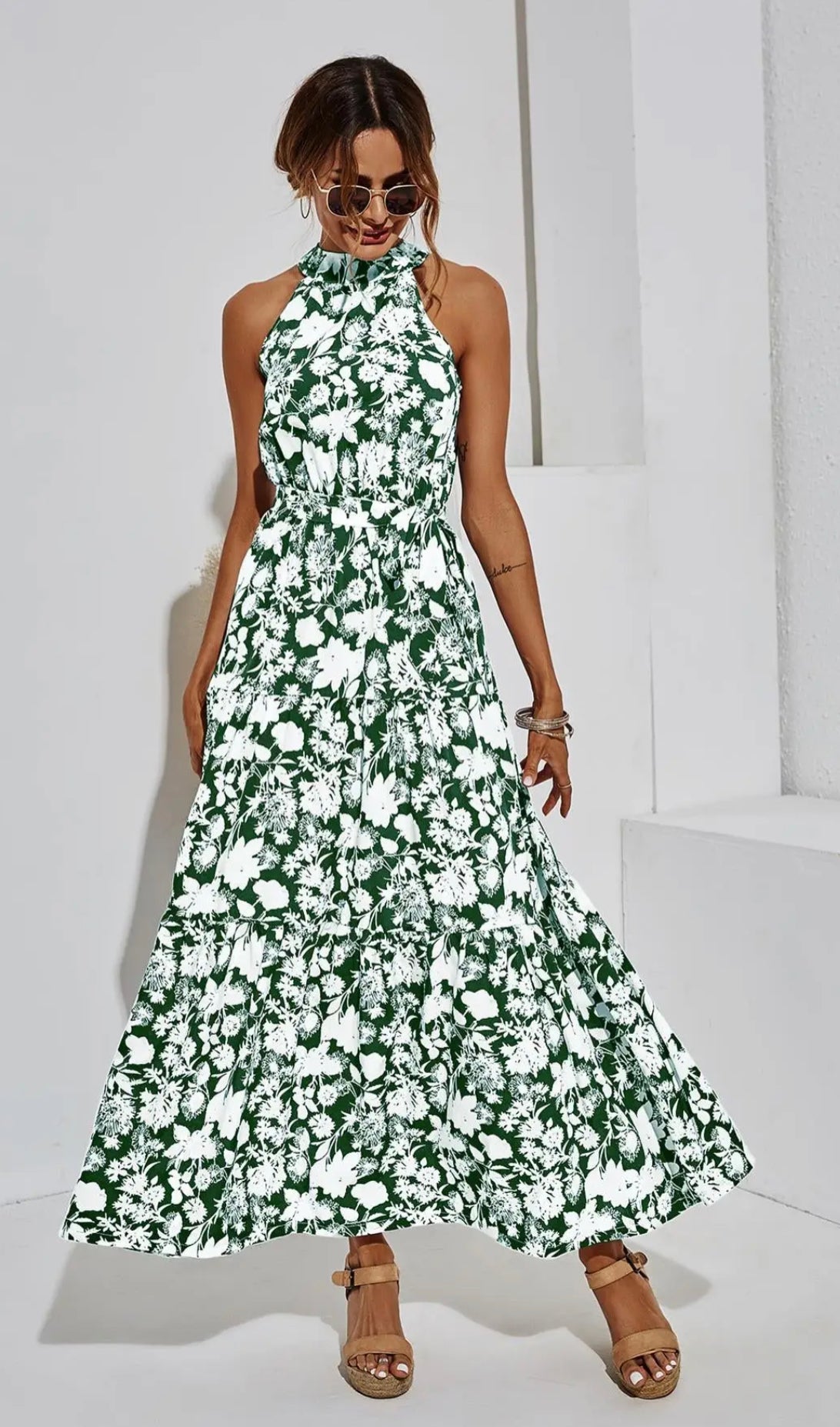 Women's FS Collection Halter Neck Maxi Layer Dress in Green with White Floral with Print - Miss Dressy 