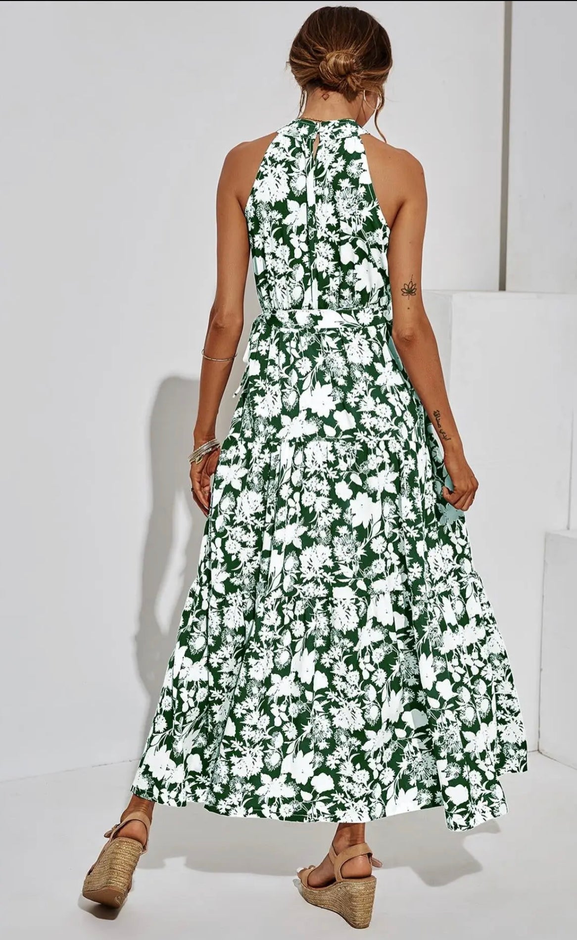 Women's FS Collection Halter Neck Maxi Layer Dress in Green with White Floral with Print - Miss Dressy 